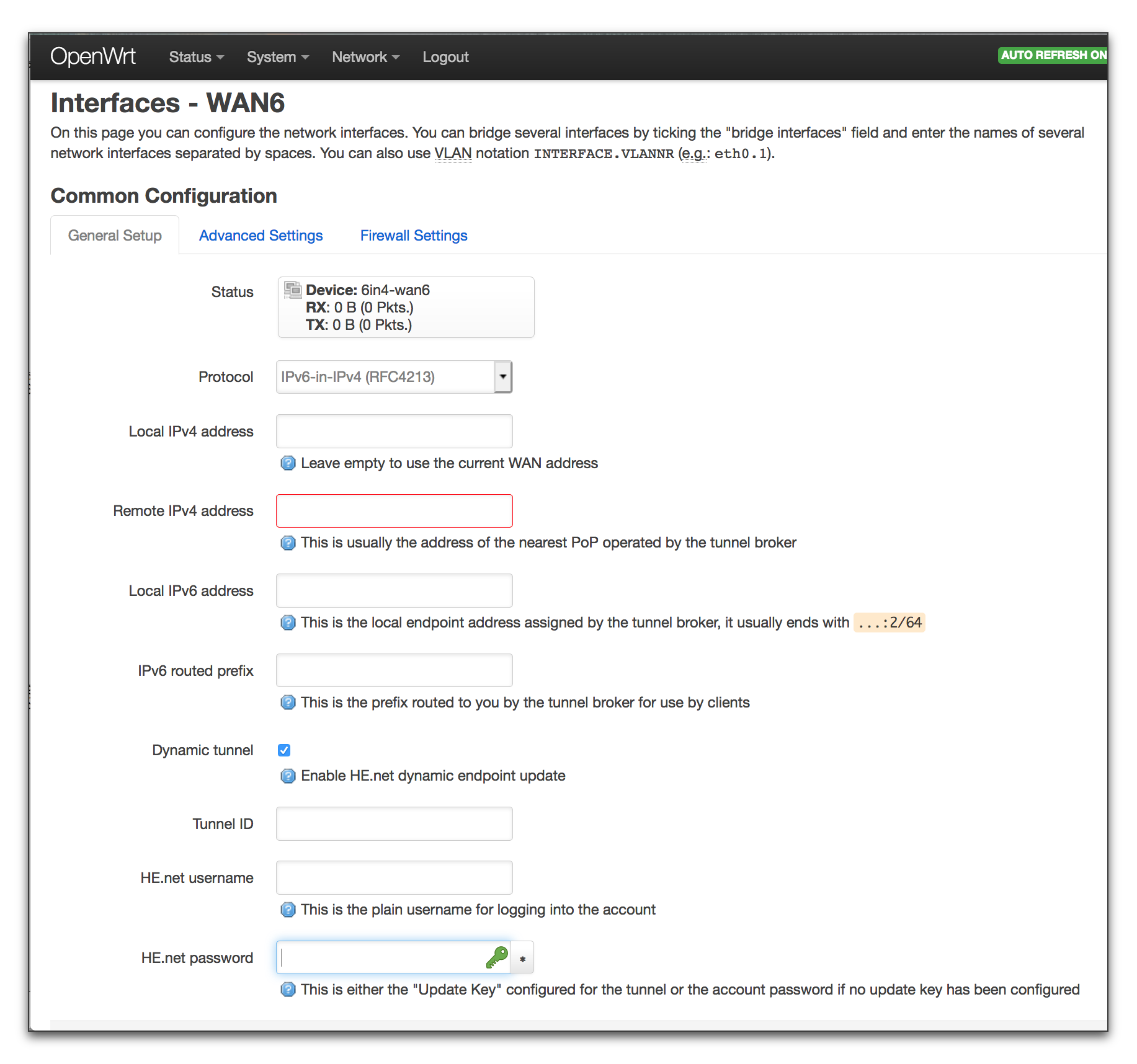 WAN6 general configuration panel